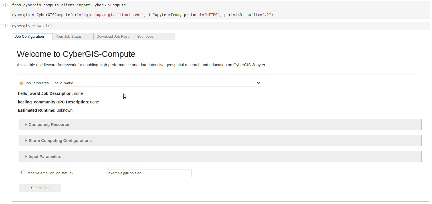 A gif showing off the functionality of the CyberGIS-Compute Python SDK.